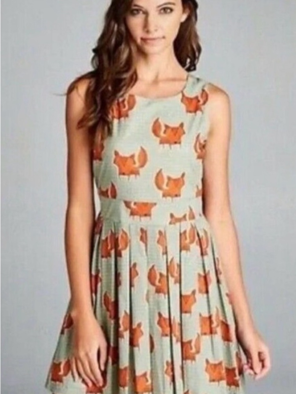 Mint Green Fox-Print Casual Sleeveless Dress